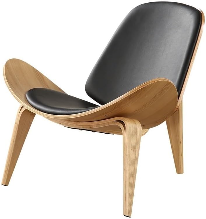 Arm Chair, Comfy Shell Chair, Wood Lounge Chair, Side Chair with PU Leather Mat and Back, Corner Chair for Living Room, Bedroom, Office(White)