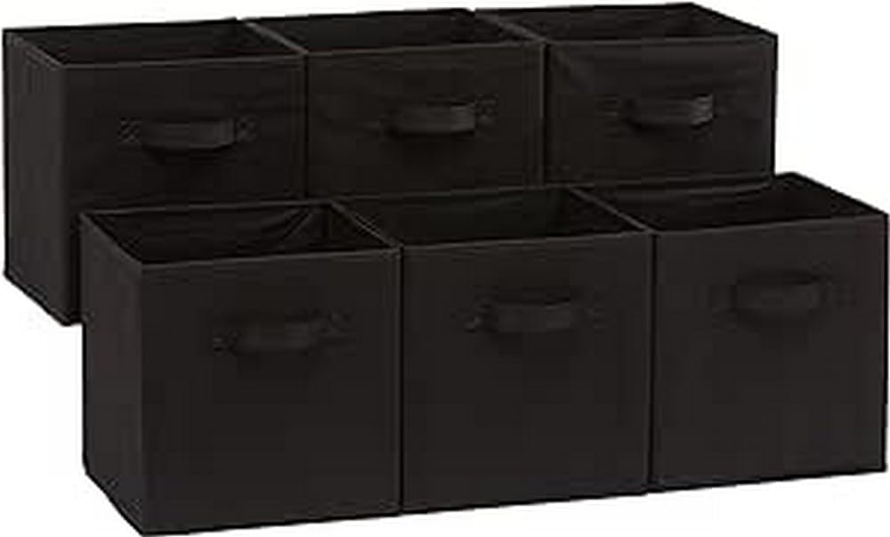 Amazon Basics Collapsible Fabric Storage Cubes Organizer with Handles, Sturdy, Beige, 10.5-x-10.5-x-11-inch, Pack of 6