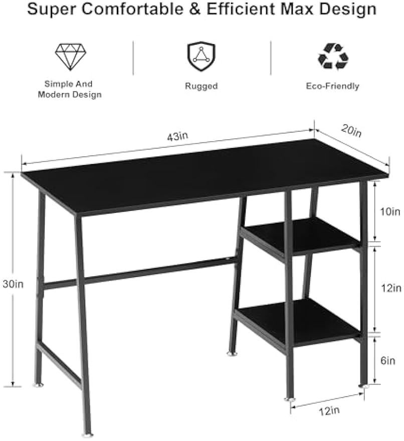 VECELO 43 Inch Computer Home Office Desk Modern Simple Writing Desk with Storage for Bedroom Simple Table Modern Student Study Desk,Water Proof, Black+Black Leg