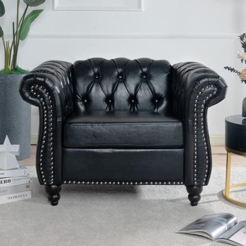 Single Sofa Chair,Modern PU Leather Button Tufted Upholstered Armchair with Rolled Arms,Chesterfield Accent Club Armchair with Solid Wood Legs for Living Room Bedroom Office, Dark Brown
