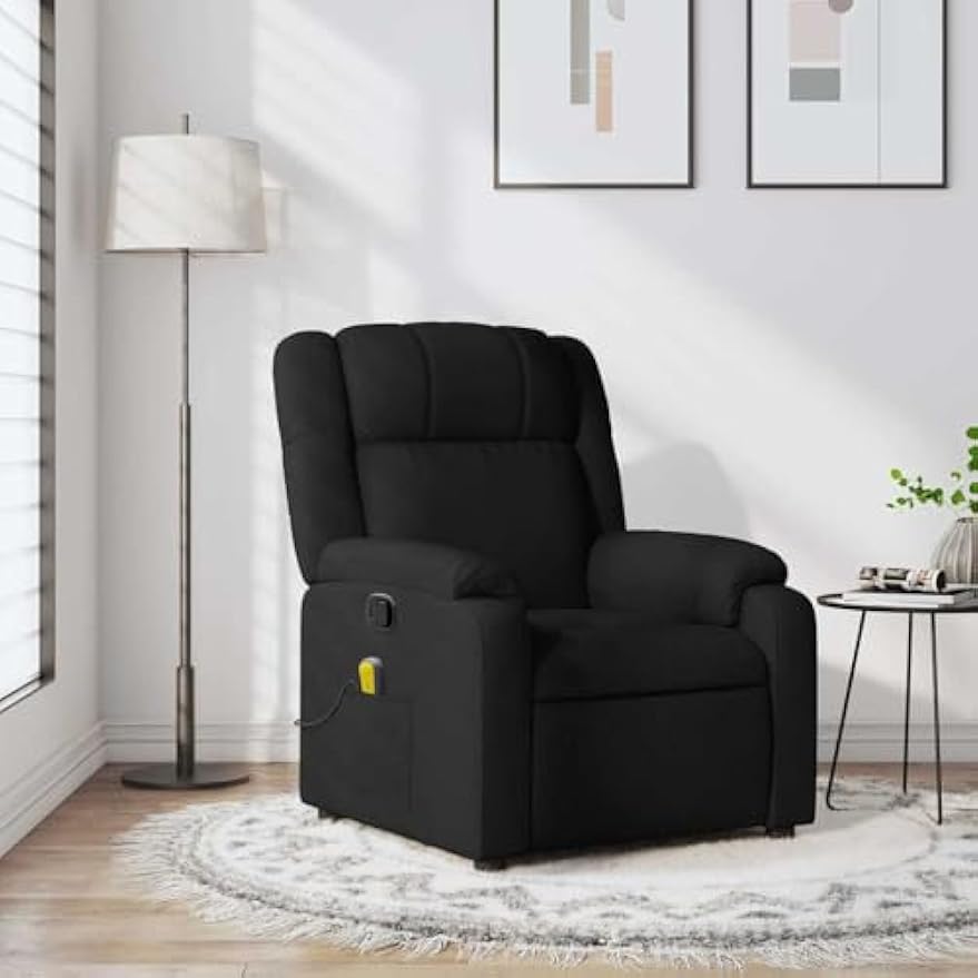 vidaXL Black Fabric Massage Recliner Chair | Adjustable Multi Position Backrest Plush Padded Seat with USB Function Modern Indoor Seating for Living Room and Bedroom Reclining Office TV Sofa