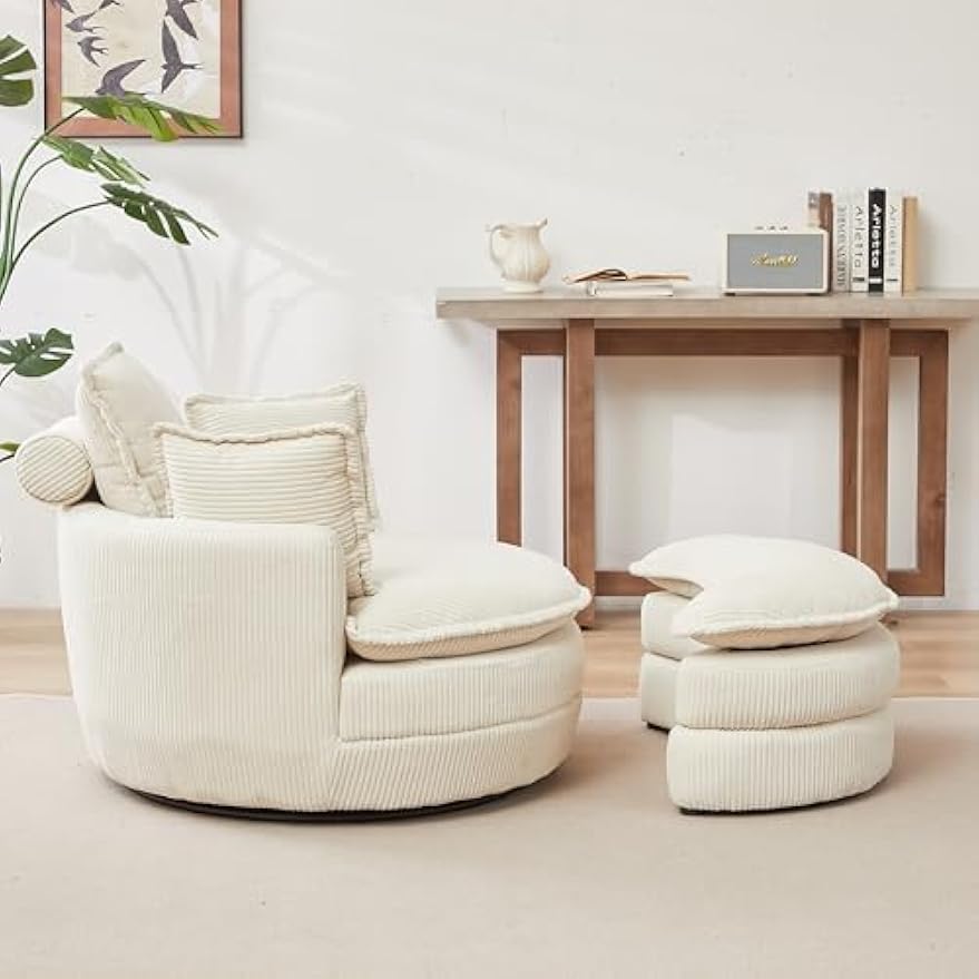 Bellemave Oversized Swivel Chair with Moon Storage Ottoman Modern Accent Round Chair Upholstered Armchair, Swivel Barrel Chairs with Pillows for Living Room, Bedroom, Reception Room (Beige)