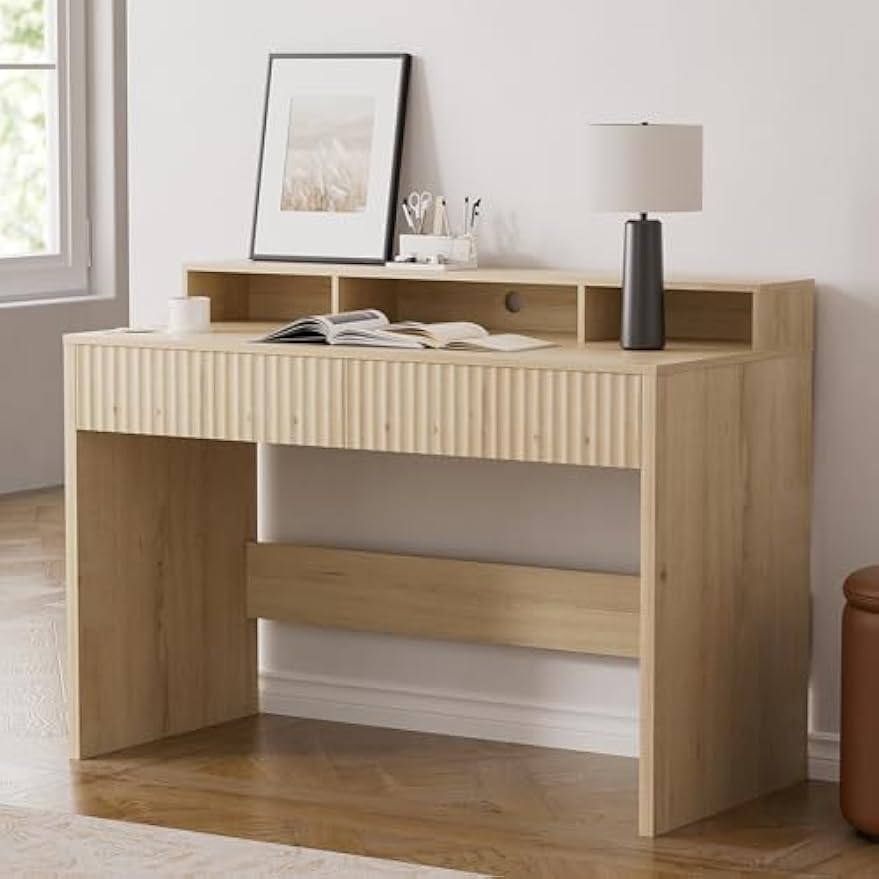 47" Executive Desk with Fluted Drawer, Modern Wood Home Office Desk with Long Monitor Stand and 2 Drawers, Computer Writing Desk for Study Office Vanity, Light Oak