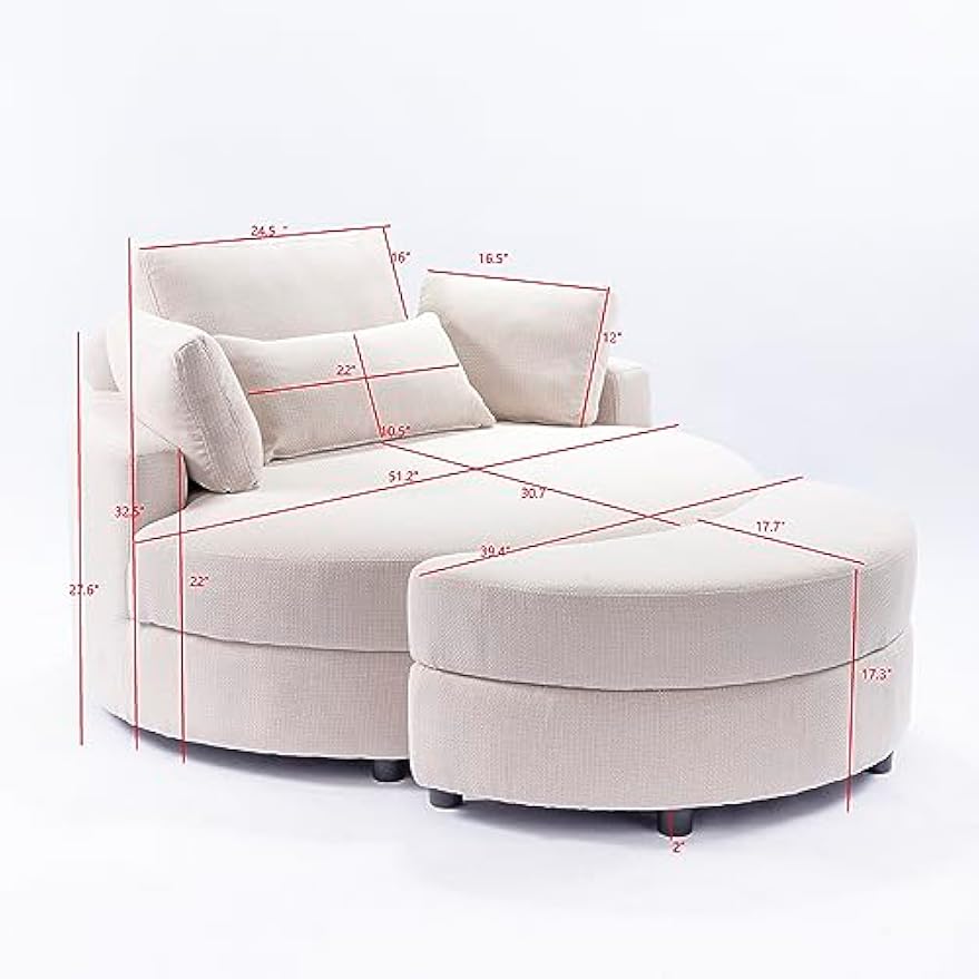 51.2" Oversized Accent Barrel Chair with Adjustable Headrest, Storage Ottoman and 4 Pillows, Round Barrel Armchair Leisure Club Cozy Round Chair for Home Apartment Hotel Living Room