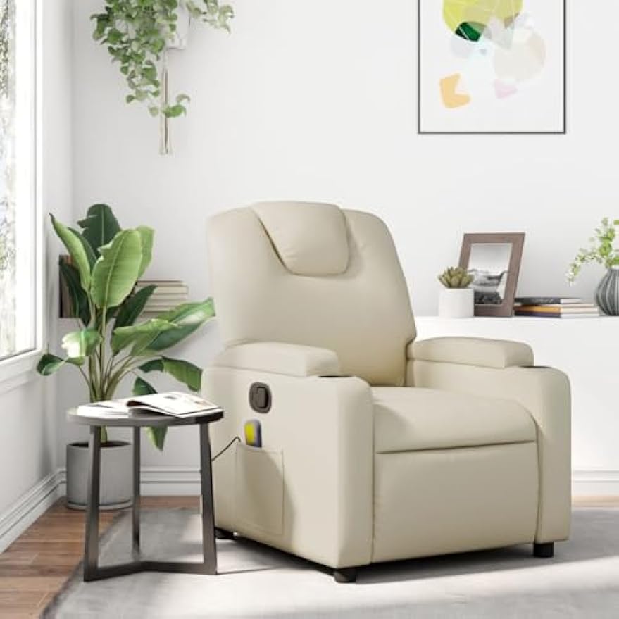 vidaXL Cream Faux Leather Massage Recliner Chair - Manual Recline, Vibration Massage, Convenient Cup Holders, Durable & Comfortable - Ideal for Living Room, Home Office, Lounge