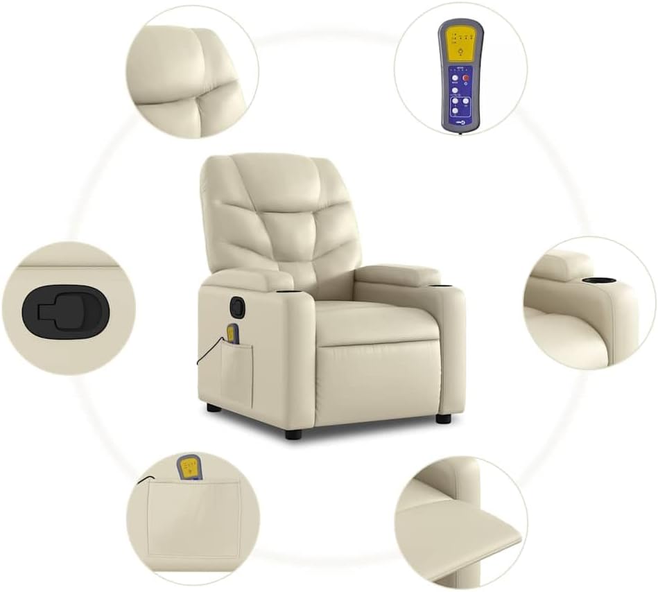 vidaXL Faux Leather Massage Recliner Chair in Cream - Manual Reclining Armchair with Cup Holders for Living Room Comfort