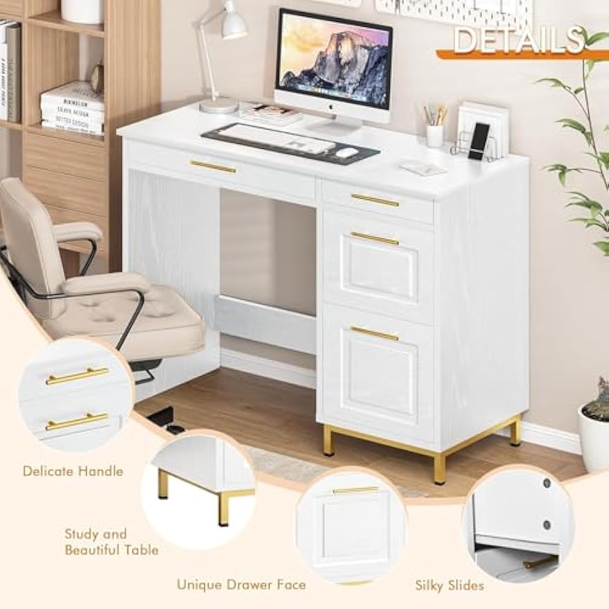4 EVER WINNER White Desk with Drawers, 43” Home Office Computer Desk with 4 Storage Drawers, Gold Hardware for Small Space, White and Gold Desk Writing Study Table for Bedroom