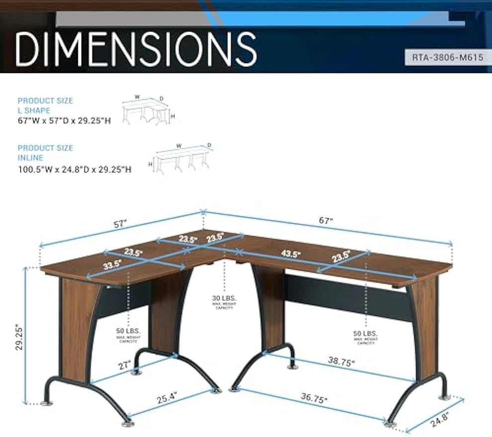 Techni Mobili Deluxe L Shaped, Corner Configurable as Left/Right-Handed L Inline, Durable Steel Frame with Spacious Work Area, Walnut and Grey Office Desk, 67” W x 57” D x 29” H