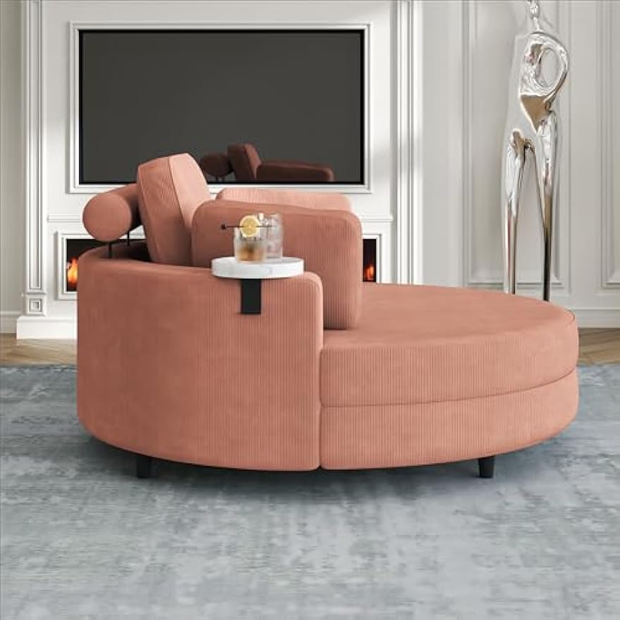 51" Oversized Round Accent Barrel Chair Leisure Chaise Lounge w/Removable Headrest and Cup Tray, Corduroy Upholstered Reading Armchair with Half Moon Storage Ottoman for Living Room Hotel Lobby