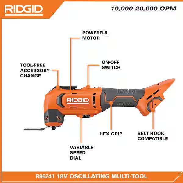 Buho Ridgid 18V Cordless Oscillating Multi-Tool Bundle with 2.0 Ah Battery, Charger, 14-Piece Blade Accessory Kit, Tool Bag & Flashlight