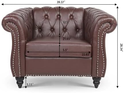 Single Sofa Chair,Modern PU Leather Button Tufted Upholstered Armchair with Rolled Arms,Chesterfield Accent Club Armchair with Solid Wood Legs for Living Room Bedroom Office, Dark Brown