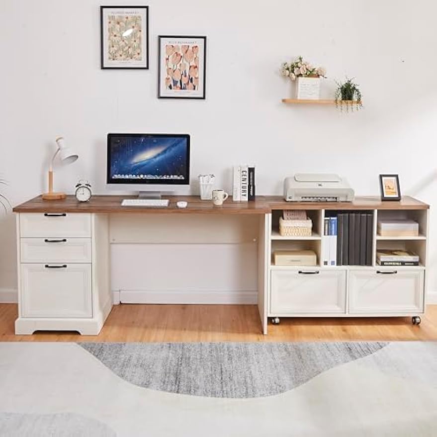 60" Farmhouse Executive Desk and 40" Mobile File Cabinet Combination,L Shaped Executive Desk with Charging Station,Home Office Desk for Office Work,Home Study