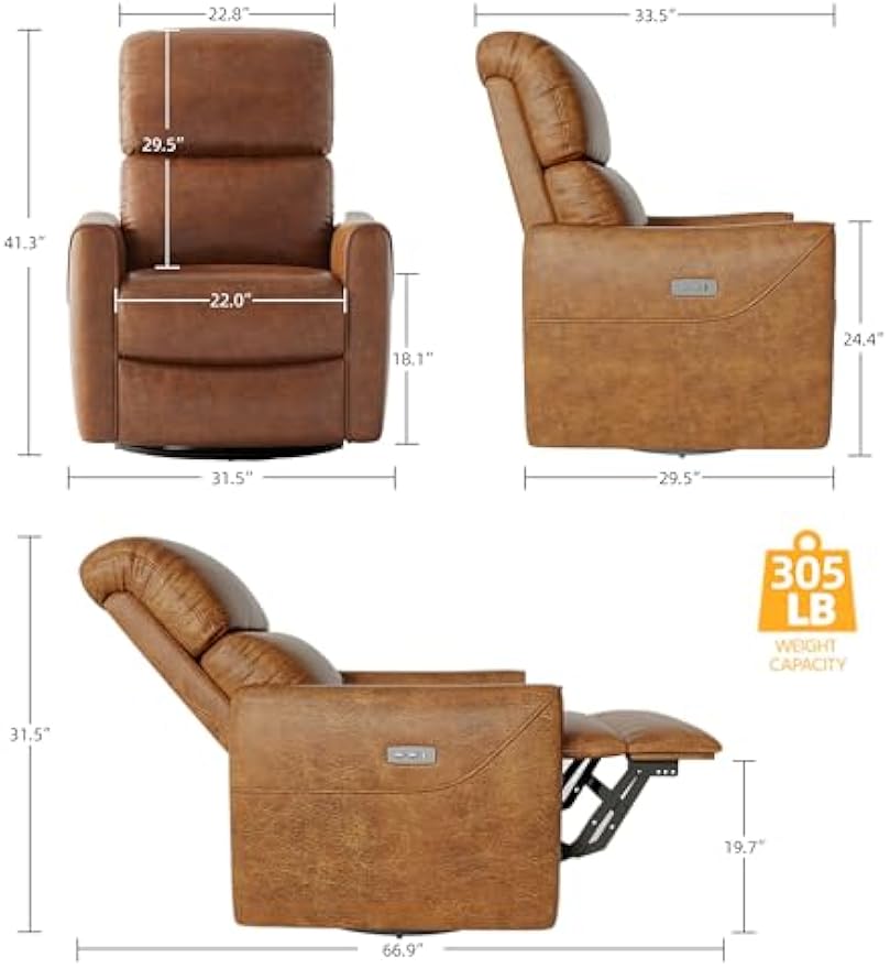 Swivel Rocking Recliner Chair, Power Recliner Glider with Double Handrail & Faux Leather Upholstery, Comfortable Rocker Recliner for Living Room, Bedroom, Nursery (Power, Camel)