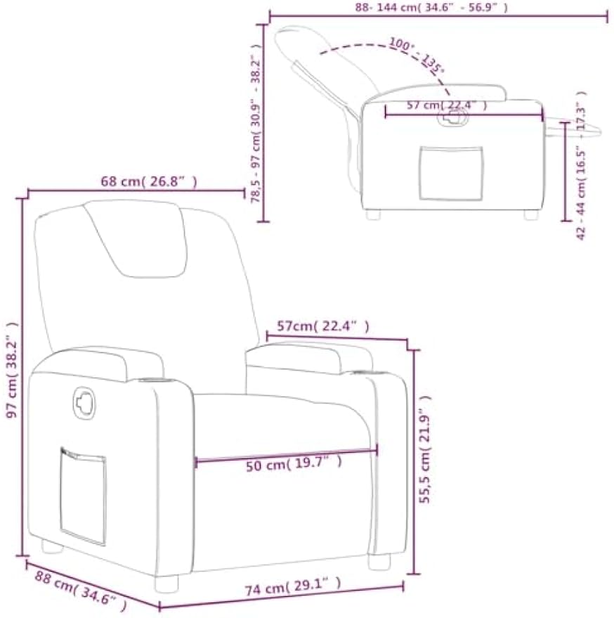 vidaXL Gray Faux Leather Recliner Chair with Manual Recline, Cup Holders and Side Pocket for Living Room, Bedroom Comfort