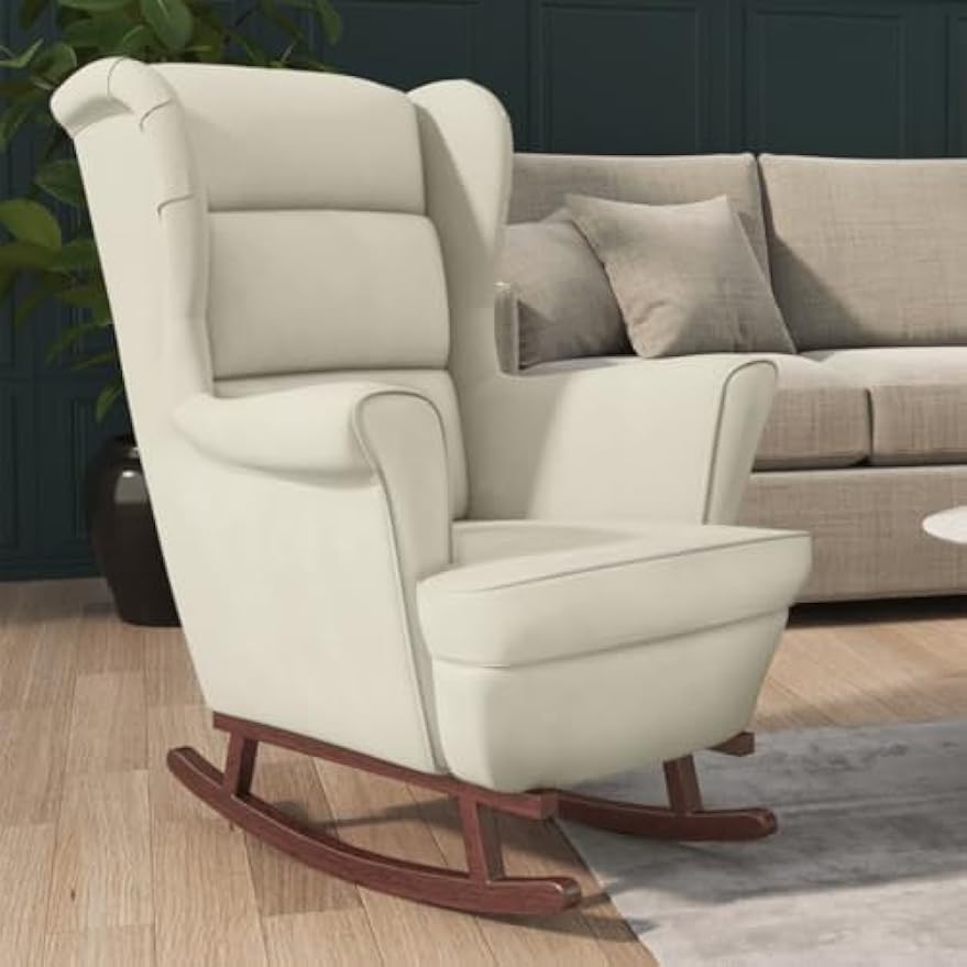 vidaXL Rocking Chair with Solid Wood Rubber Legs, Accent Rocker Sofa Armchair, Wingback Chair for Living Room Bedroom, Cream Velvet
