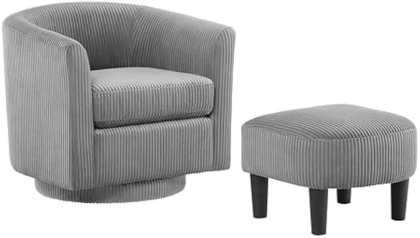 Swivel Accent Chair, 360°Recliner Corduroy Arm Chair with Ottoman, Gray, Easy to Maintain, for Living Room, Bedroom & Small Space