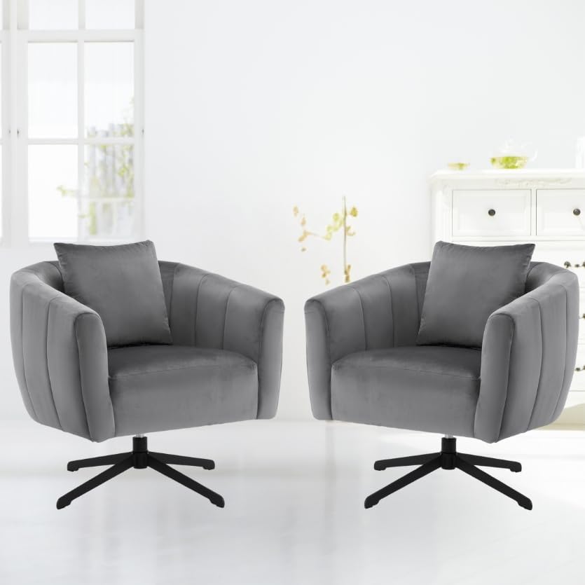 360°Swivel Accent Chair Set of 2, Modern Velvet Fabric Living Room Armchair,Reading Chair with Comfy Upholstered Fluffy Cushions & Metal Legs, Barrel Chairs for Bedroom/Lounge/Office,Grey