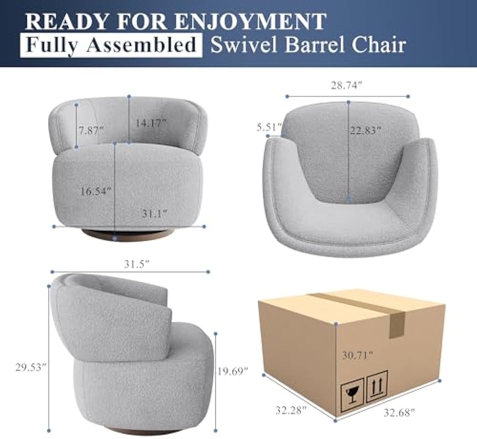 Swivel Barrel Chair, Oversized Accent Chair for Living Room,Lounge Sofa Chair with 360-Degree Base, Upholstered Reading Chair, Modern Round Club Chair for Bedroom, Office, Grey