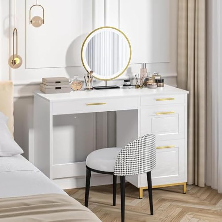 4 EVER WINNER White Desk with Drawers, 43” Home Office Computer Desk with 4 Storage Drawers, Gold Hardware for Small Space, White and Gold Desk Writing Study Table for Bedroom
