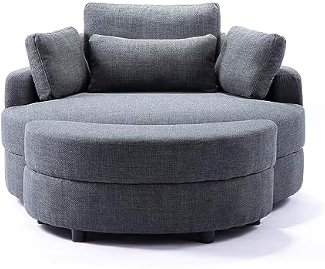 51.2" Oversized Accent Barrel Chair with Adjustable Headrest, Storage Ottoman and 4 Pillows, Round Barrel Armchair Leisure Club Cozy Round Chair for Home Apartment Hotel Living Room