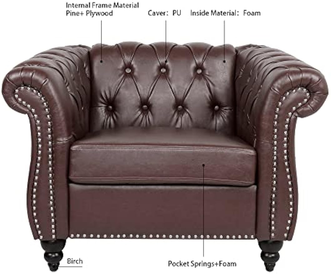 Bellemave Chesterfield Leather Club Chair, Single Tufted Sofa, Throne Chair, Vintage Living Room Furniture, Accent Rolled Arm Chairs for Bedroom Apartment, Dark Brown PU