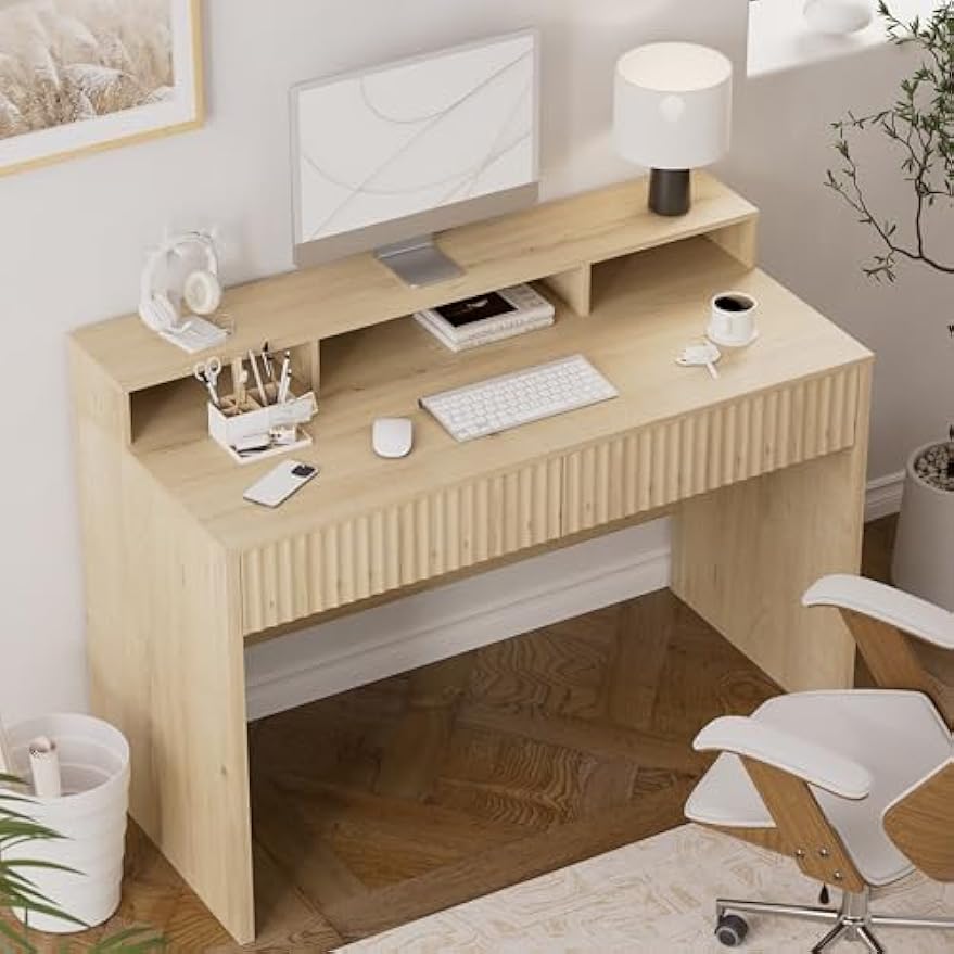 47" Executive Desk with Fluted Drawer, Modern Wood Home Office Desk with Long Monitor Stand and 2 Drawers, Computer Writing Desk for Study Office Vanity, Light Oak