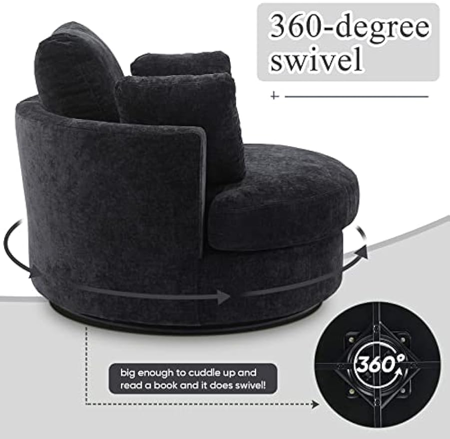 Swivel Barrel Chair for Living Room, Modern Round Swivel Chair Sofa Chair Chenille Club Chair Boucle Chair Armchair Decorative Furniture Nursery Chair, Bedroom, Classroom Corner Chair (Black)