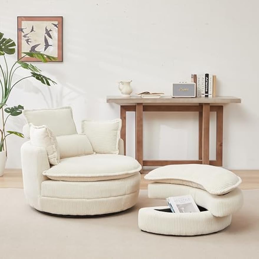 Bellemave Oversized Swivel Chair with Moon Storage Ottoman Modern Accent Round Chair Upholstered Armchair, Swivel Barrel Chairs with Pillows for Living Room, Bedroom, Reception Room (Beige)
