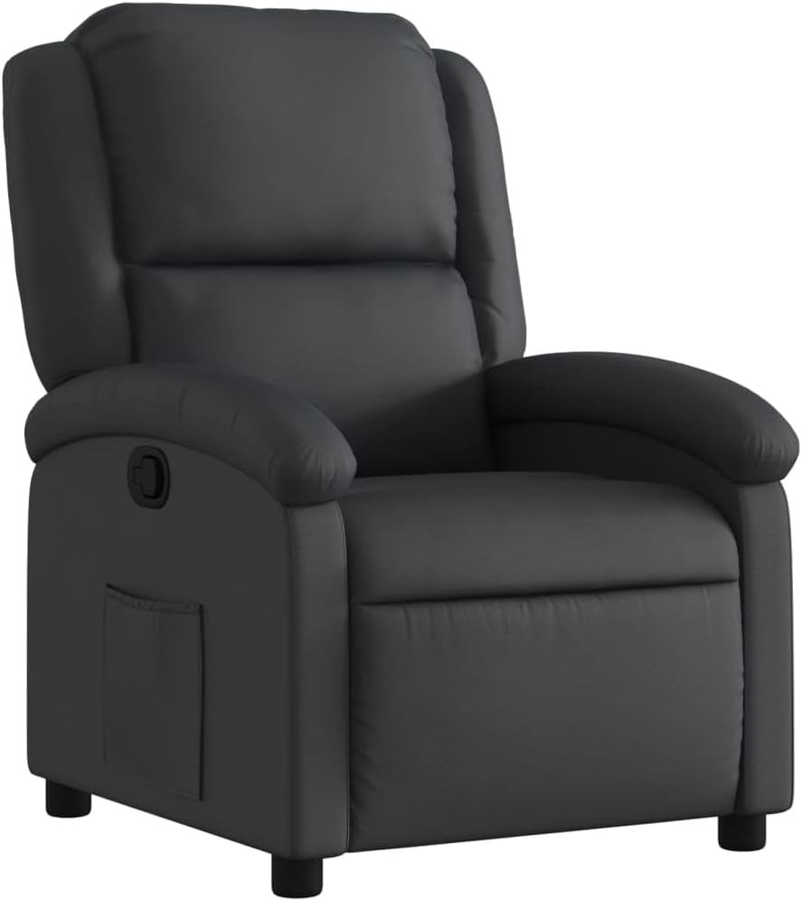 vidaXL Recliner Chair - Black Real Leather, Manual Reclining Function, Comfortable Seating with Solid Wood and Metal Frame, for Office or Living Room