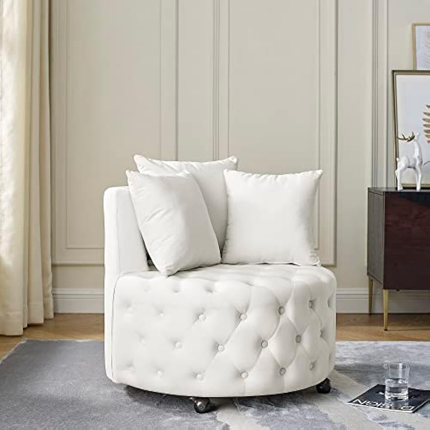 Velvet Upholstered Living Room Swivel, Button Tufted Design and Movable Wheels,Modern Style Home Office Rotary Sofa Chair,w/ 3 Pillows,for Bedroom,Hotel,Apartment,Beige