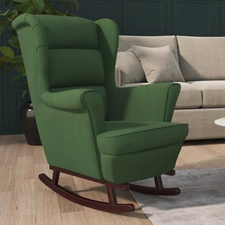 vidaXL Dark Green Velvet Rocking Chair with Solid Rubber Wood Legs - Stylish Design, Padded Foam for Comfort, Ideal for Living Room or Lounge Area