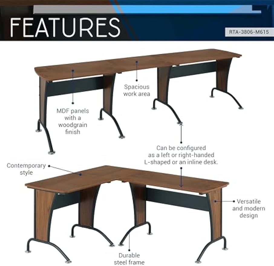 Techni Mobili Deluxe L Shaped, Corner Configurable as Left/Right-Handed L Inline, Durable Steel Frame with Spacious Work Area, Walnut and Grey Office Desk, 67” W x 57” D x 29” H