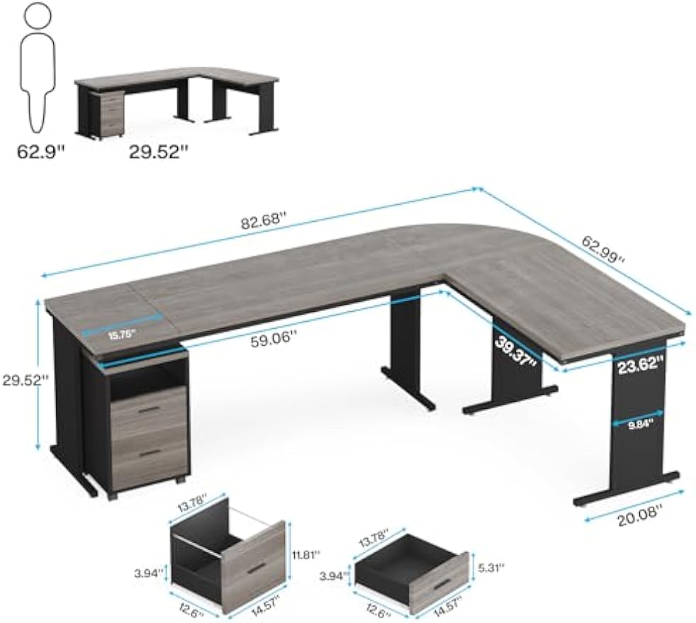 Tribesigns 83 Inch L-Shaped Executive Desk with Drawers, Large Office Computer Desk with File Cabinet, Business Workstation Furniture for Home Office (Gray)