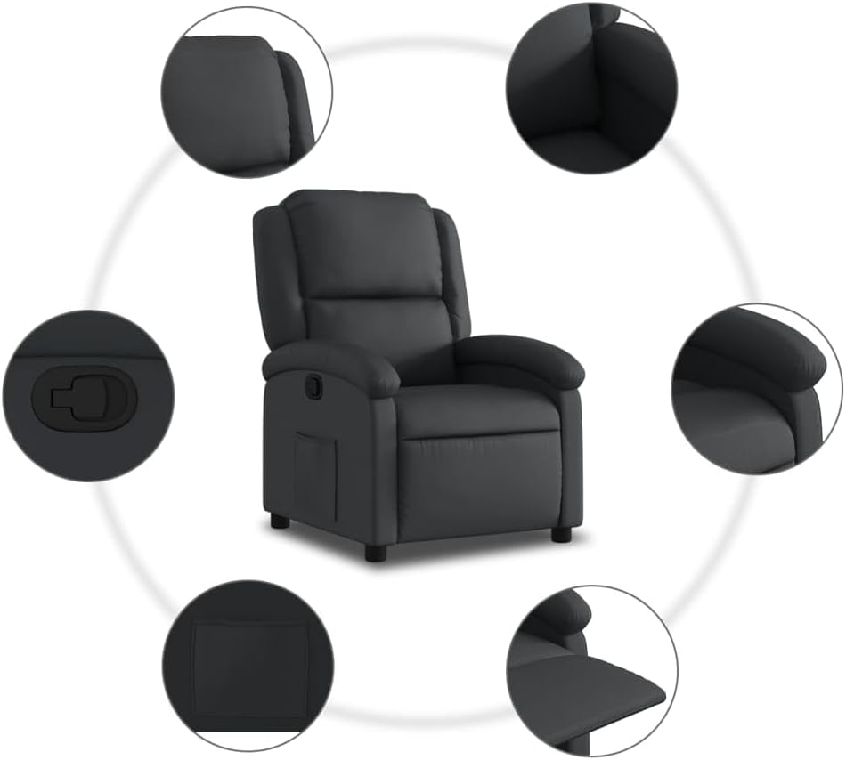 vidaXL Recliner Chair - Black Real Leather, Manual Reclining Function, Comfortable Seating with Solid Wood and Metal Frame, for Office or Living Room