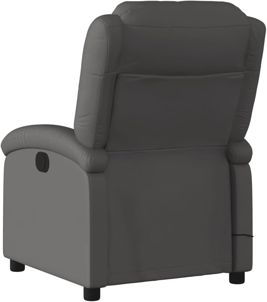 vidaXL Massage Recliner Chair for Elderly - Gray Real Leather, Manual Recline, Vibration Massage, Side Pocket, Sturdy Frame, Comfortable Armchair for Living Room/Bedroom