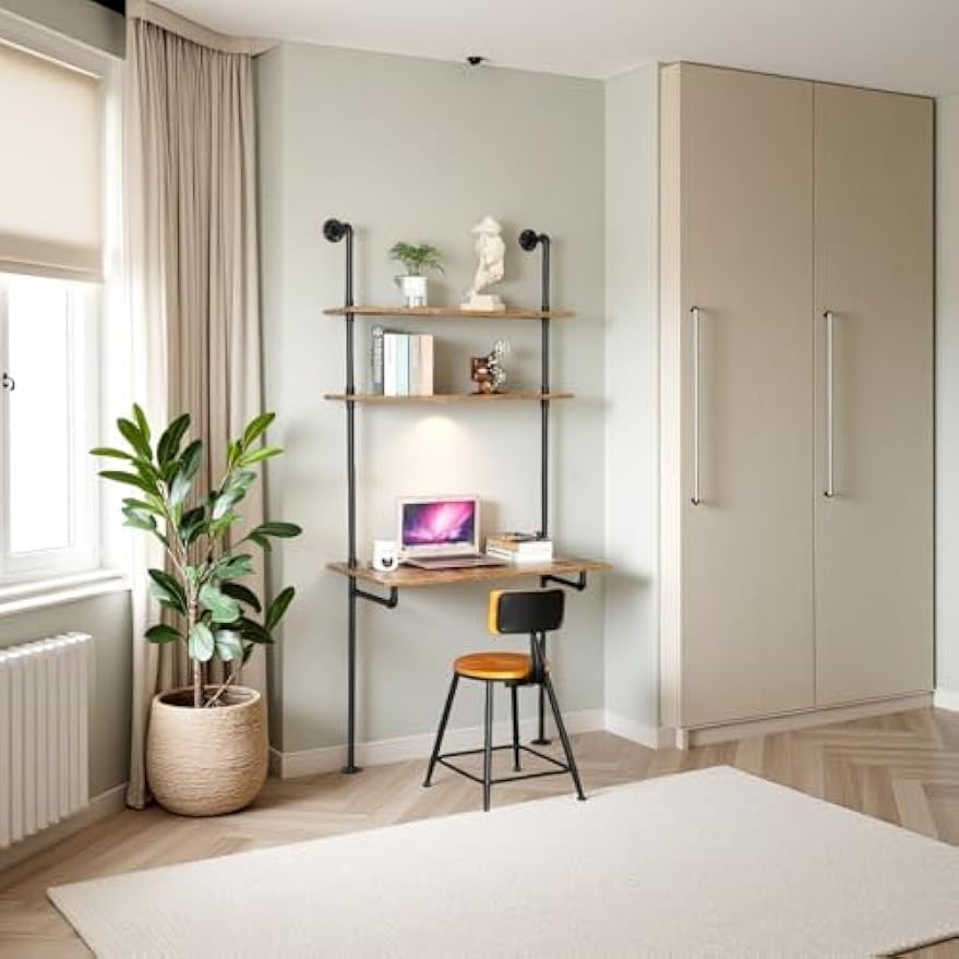 ZIOTHUM Industrial Wall Mount Desk with Shelves, Ladder Style Computer Laptop Desk, Floating Table with Storage, Industrial Pipe Bookcase for Home Office (36x20x81)