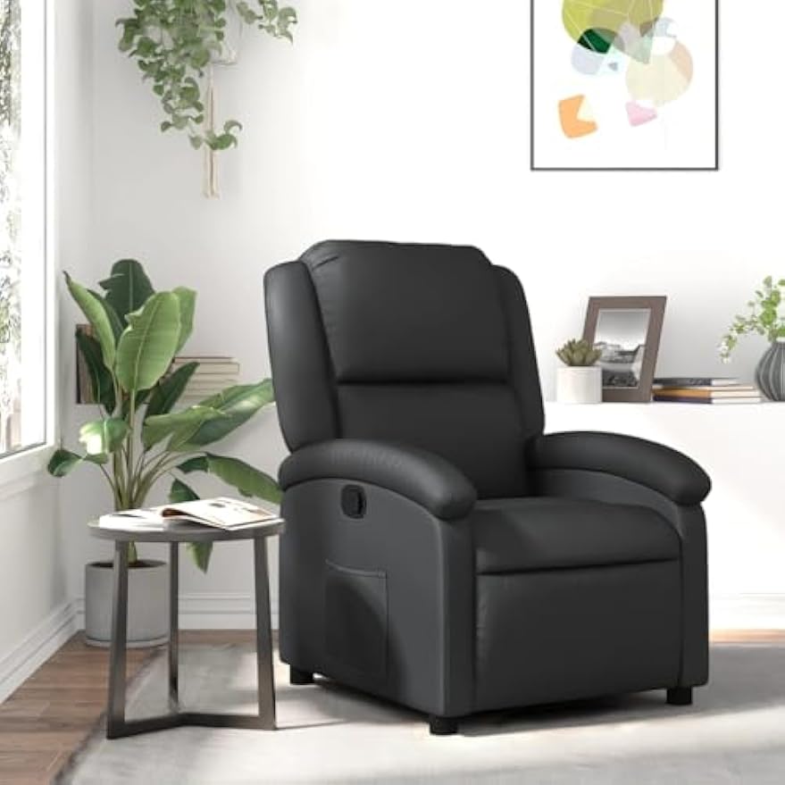 vidaXL Black Real Leather Manual Recliner Chair with Side Pocket - Comfortable and Sturdy Armchair for Your Living Room or Lounge Area