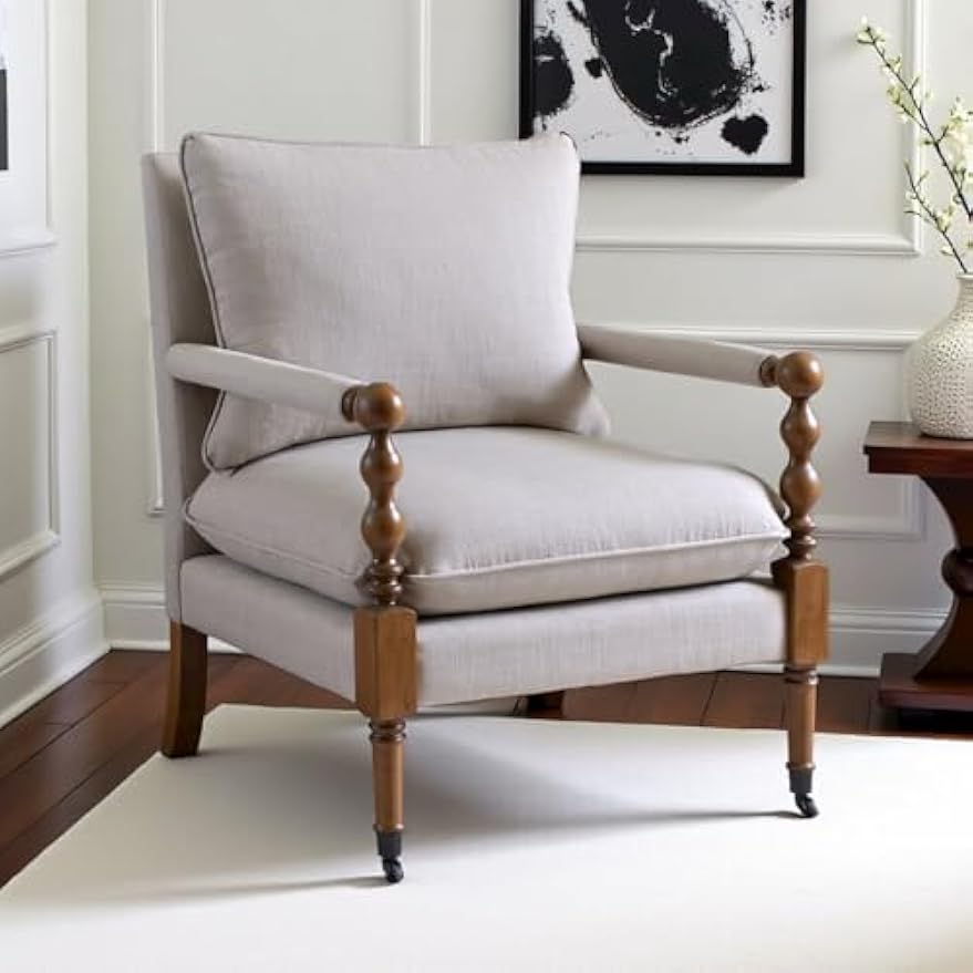 Beige Upholstered Accent Chair with Casters, Perfect Armchair for Living Room, Small Living Room Chair, Stylish and Comfortable Arm Chairs