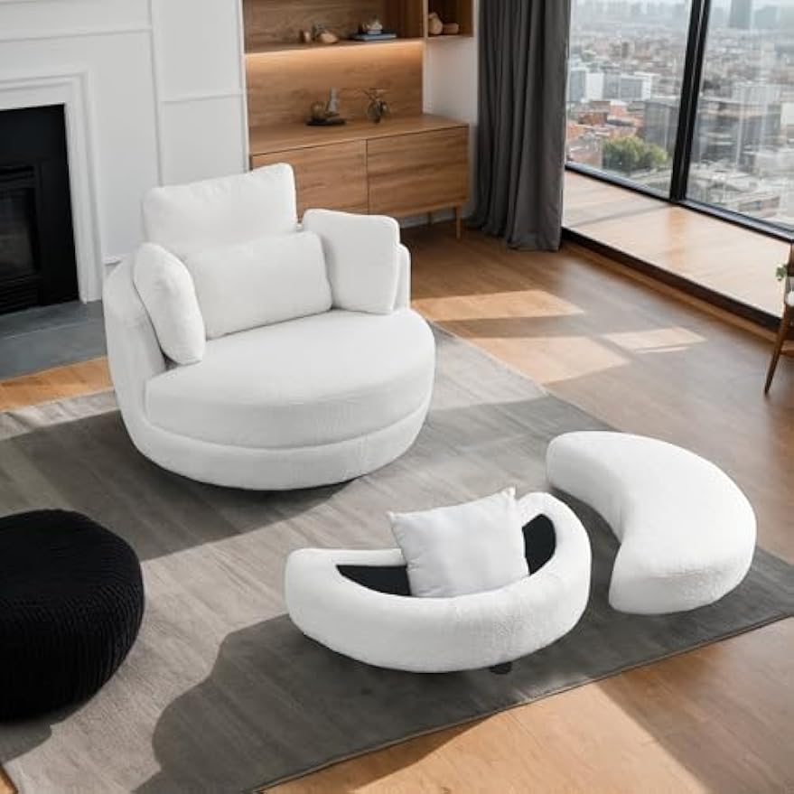 39" W Oversized Swivel Chair Barrel Armchair with Half Moon Storage Ottoman for Living Room, Sherpa Teddy Upholstered Leisure Lounger Chair Circle Round Armchair with 4 Pillows for Bedroom Nursery
