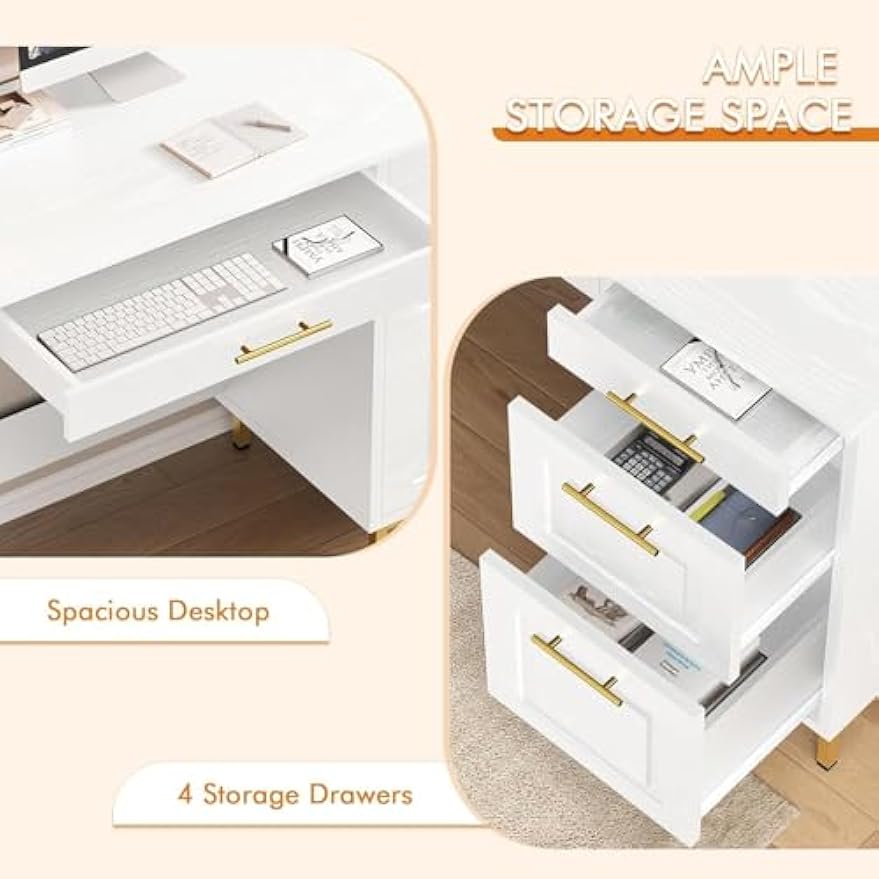 4 EVER WINNER White Desk with Drawers, 43” Home Office Computer Desk with 4 Storage Drawers, Gold Hardware for Small Space, White and Gold Desk Writing Study Table for Bedroom