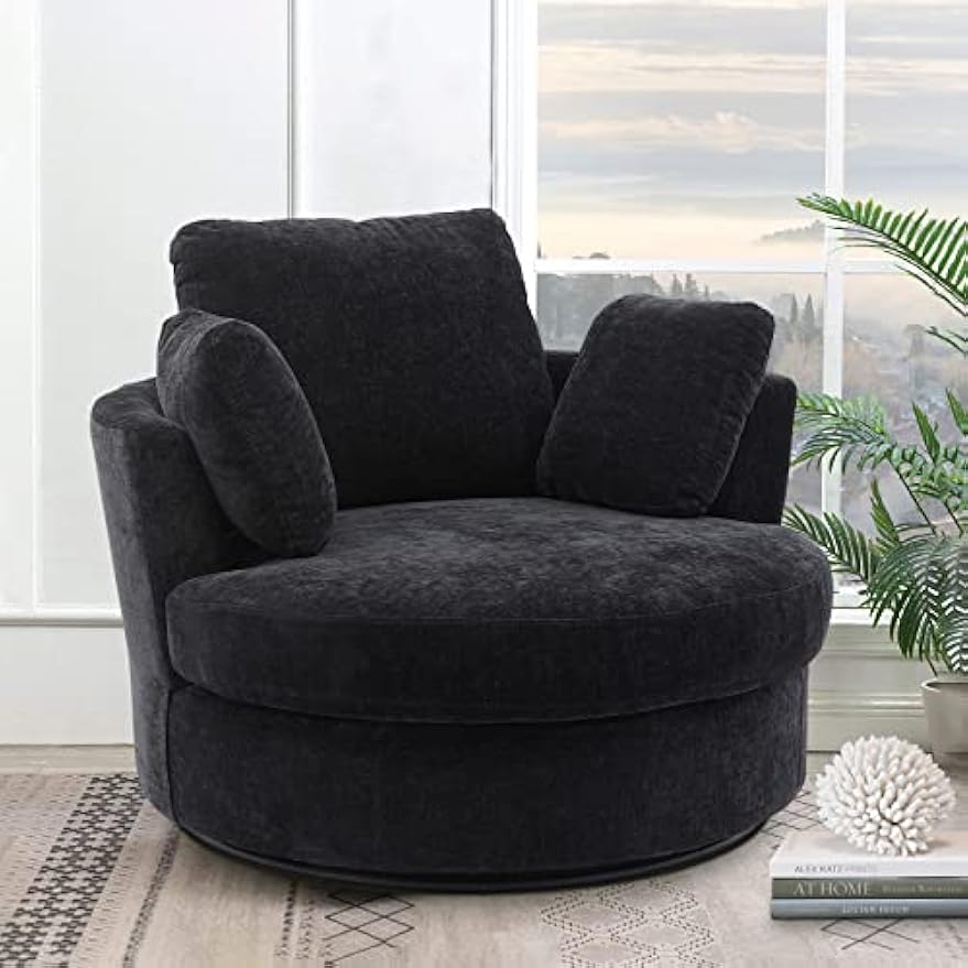 Swivel Barrel Chair for Living Room, Modern Round Swivel Chair Sofa Chair Chenille Club Chair Boucle Chair Armchair Decorative Furniture Nursery Chair, Bedroom, Classroom Corner Chair (Black)