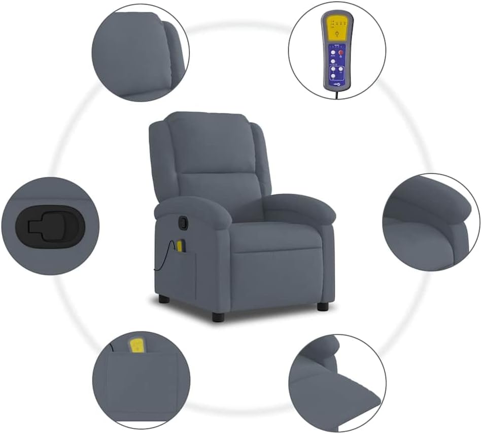 vidaXL Dark Gray Velvet Massage Recliner Chair - Manual Recline - 6-Point Vibration - Living Room/Bedroom/Office