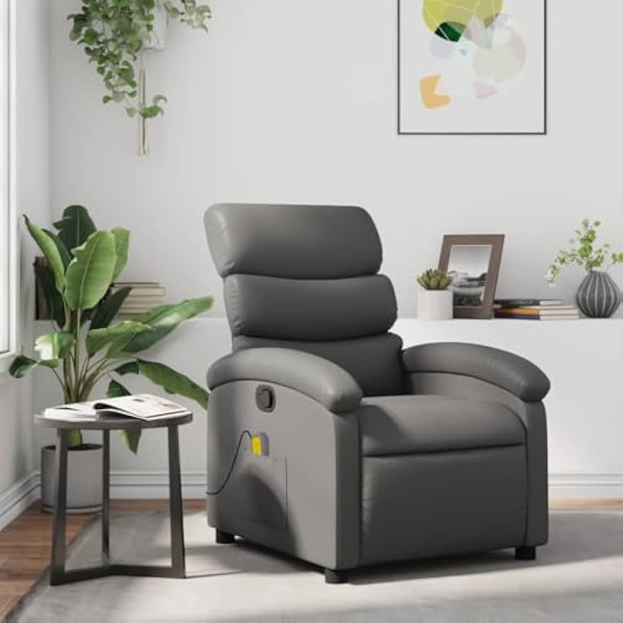vidaXL Massage Recliner Chair for Adults, Single Theater Seating with Vibration Massage & Manually Adjustable Backrest/Footrest, Modern Reclining Sofa for Living Room, Gray Leather
