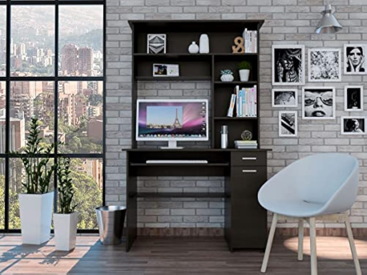 Bellemave Computer Desk with Hutch and Keyboard Tray, Home Office Desks with Drawers and Storage Shelves, Writing Study Desk Table, Modern Compact Workstation, Black