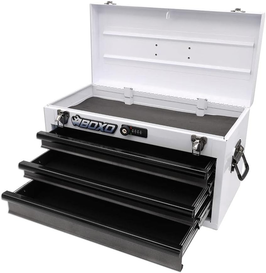 Boxo USA Heavy-Duty 3-Drawer Steel Tool Box - Portable Hand Carry Toolbox Organizer with Ball Bearing Slides & Secure Key & Digital Lock System (Black)