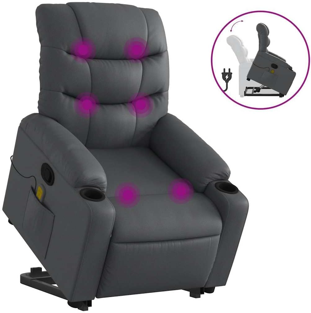 vidaXL Stand Up Power Lift Recliner Chair - Gray Faux Leather Massage Armchair with Cup Holders, Manual Recline for Living Room