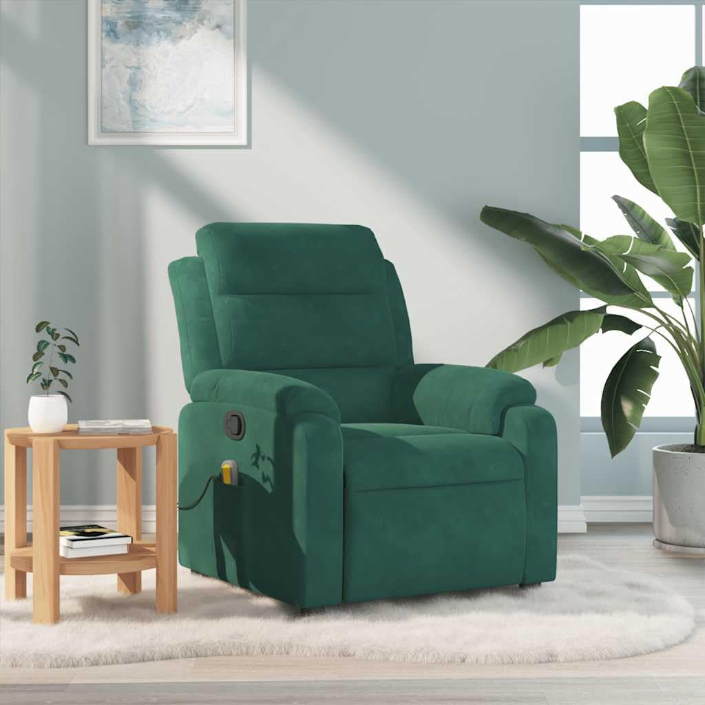 vidaXL Dark Green Velvet Massage Recliner Chair with Adjustable Armrests and USB Functionality for Living Room Home Theater Relaxation Single Sofa TV Office Reclining Armchair