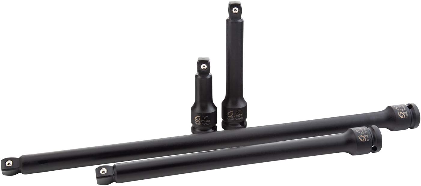 SUNEX TOOLS 2504, 1/2 Inch Drive Impact Extension Set, 4 Piece, SAE, 3 Inch - 15 Inch, Cr-Mo Steel, Radius Corner Design, Wobble Drive, Steel Ball Retainer, Dual Size Markings, with Storage Tray