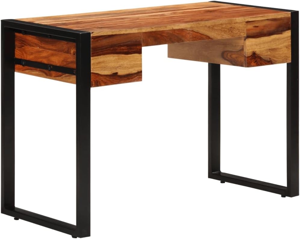 vidaXL Solid Wood Desk - Industrial Style Writing Desk with 2 Drawers, Durable Steel Frame, Multifunctional Home Office Furniture, 43.3"x19.7"x30.3"
