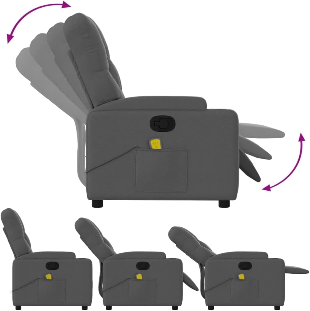 vidaXL Massage Recliner Chair - Dark Gray Fabric Lounger with 6-Point Vibration Massage, Manual Reclining Handle, Cup Holders and Side Pocket, Comfort Padded Seat for Living Room